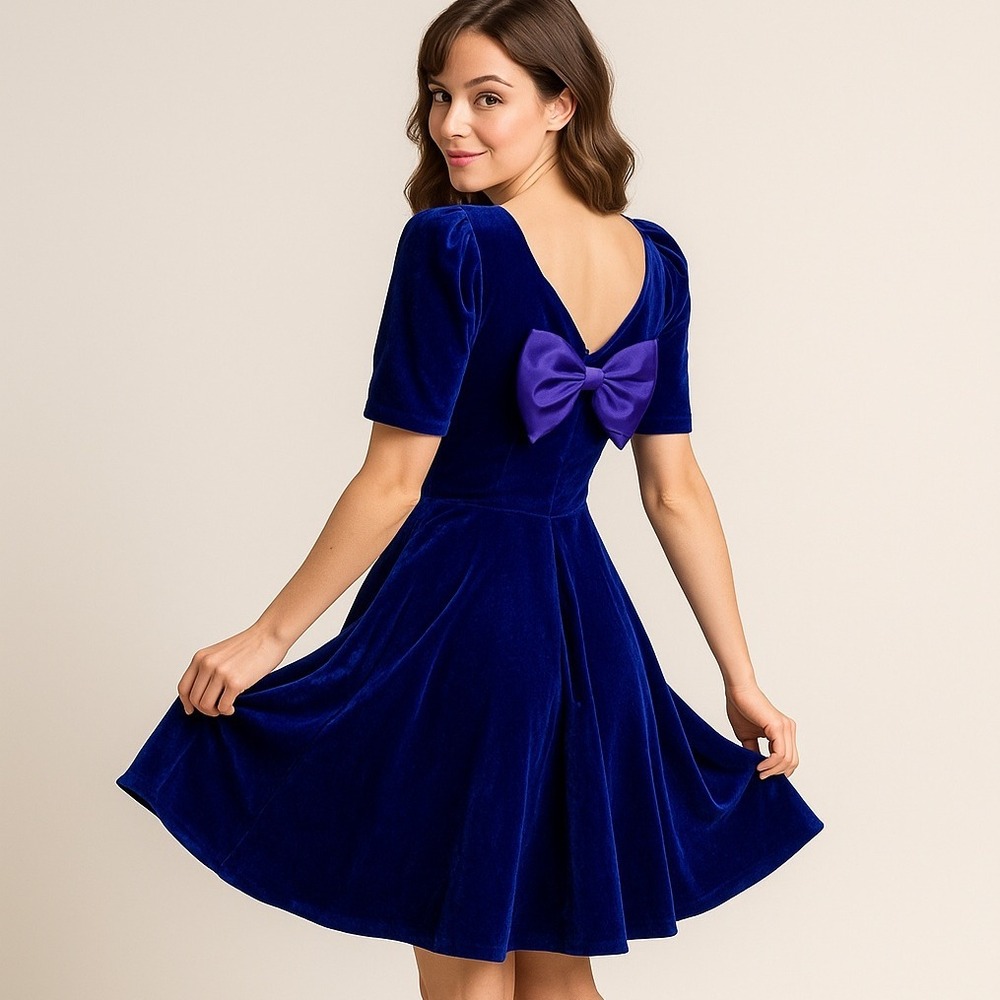 Vintage 90s DBY Purple Velvet Puff Sleeve Bow Back Party Dress Tulle Skirt